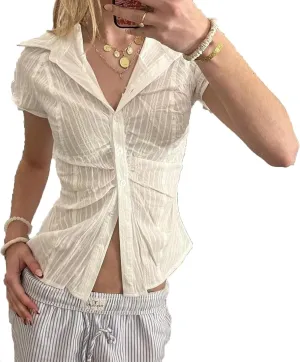 Women Y2K Plaid Button Down Shirt Coquette Short Sleeve V Neck Blouses Top Vintage Preppy Crop Top Shirt
