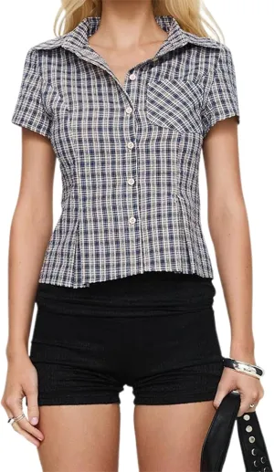 Women Y2K Plaid Button Down Shirt Coquette Short Sleeve V Neck Blouses Top Vintage Preppy Crop Top Shirt