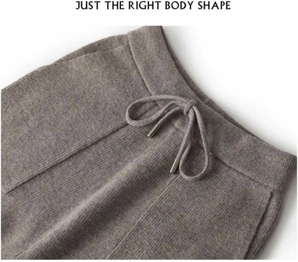 Women's 100% Wool Wide Leg Pants Elastic Waist Knit Trousers with Pockets