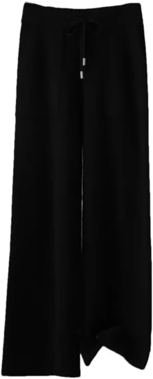 Women's 100% Wool Wide Leg Pants Elastic Waist Knit Trousers with Pockets