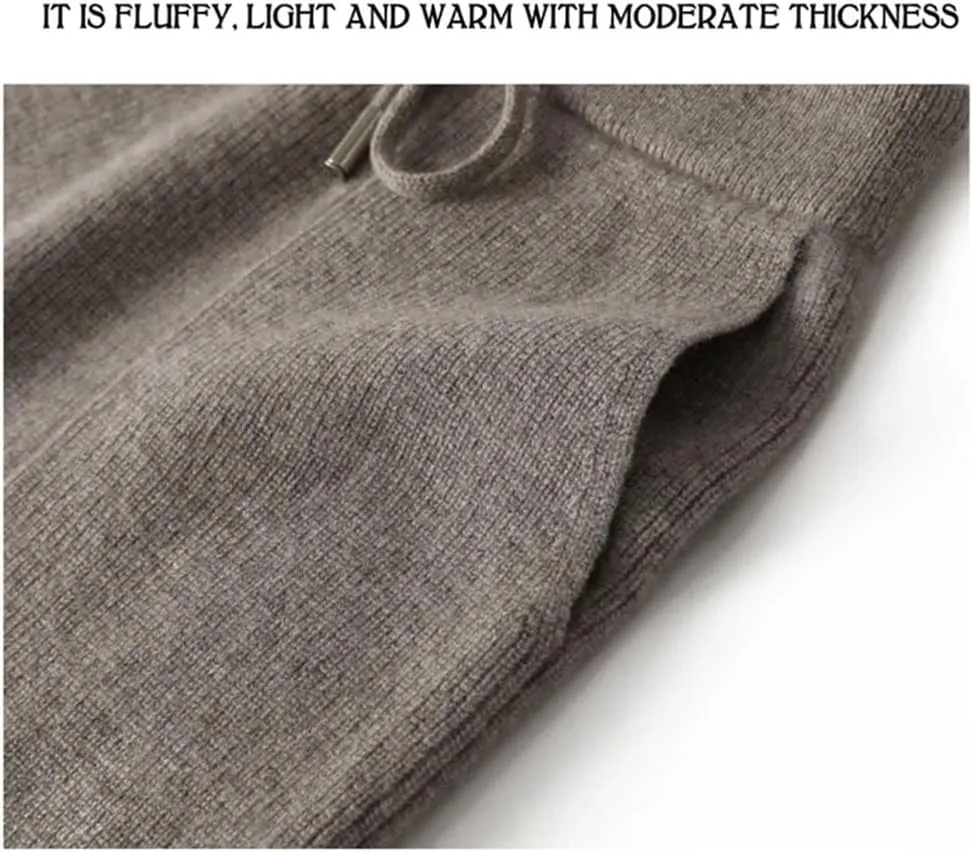 Women's 100% Wool Wide Leg Pants Elastic Waist Knit Trousers with Pockets