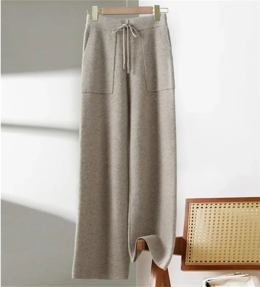 Women's 100% Wool Wide Leg Pants Elastic Waist Knit Trousers with Pockets