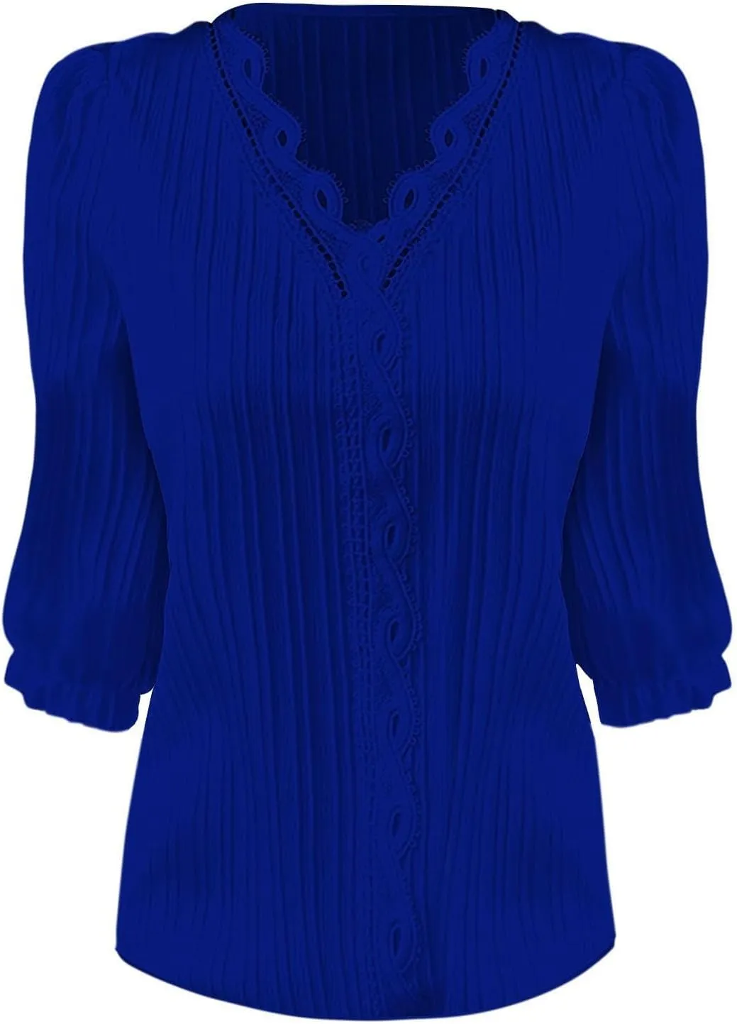 Women's 3/4 Sleeve Lace Trim V Neck Textured Tops Dressy Casual Shirts Trendy Elegant Blouse Office Business Shirts
