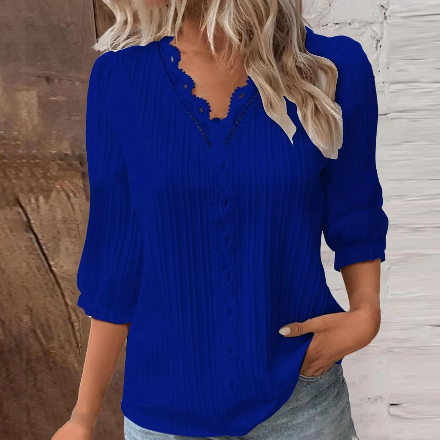 Women's 3/4 Sleeve Lace Trim V Neck Textured Tops Dressy Casual Shirts Trendy Elegant Blouse Office Business Shirts
