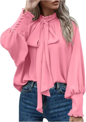 Women's Bow Tie Neck Shirts Casual Long Lantern Sleeve Tops Mock Neck Solid Color Blouses Dressy Elegant Work