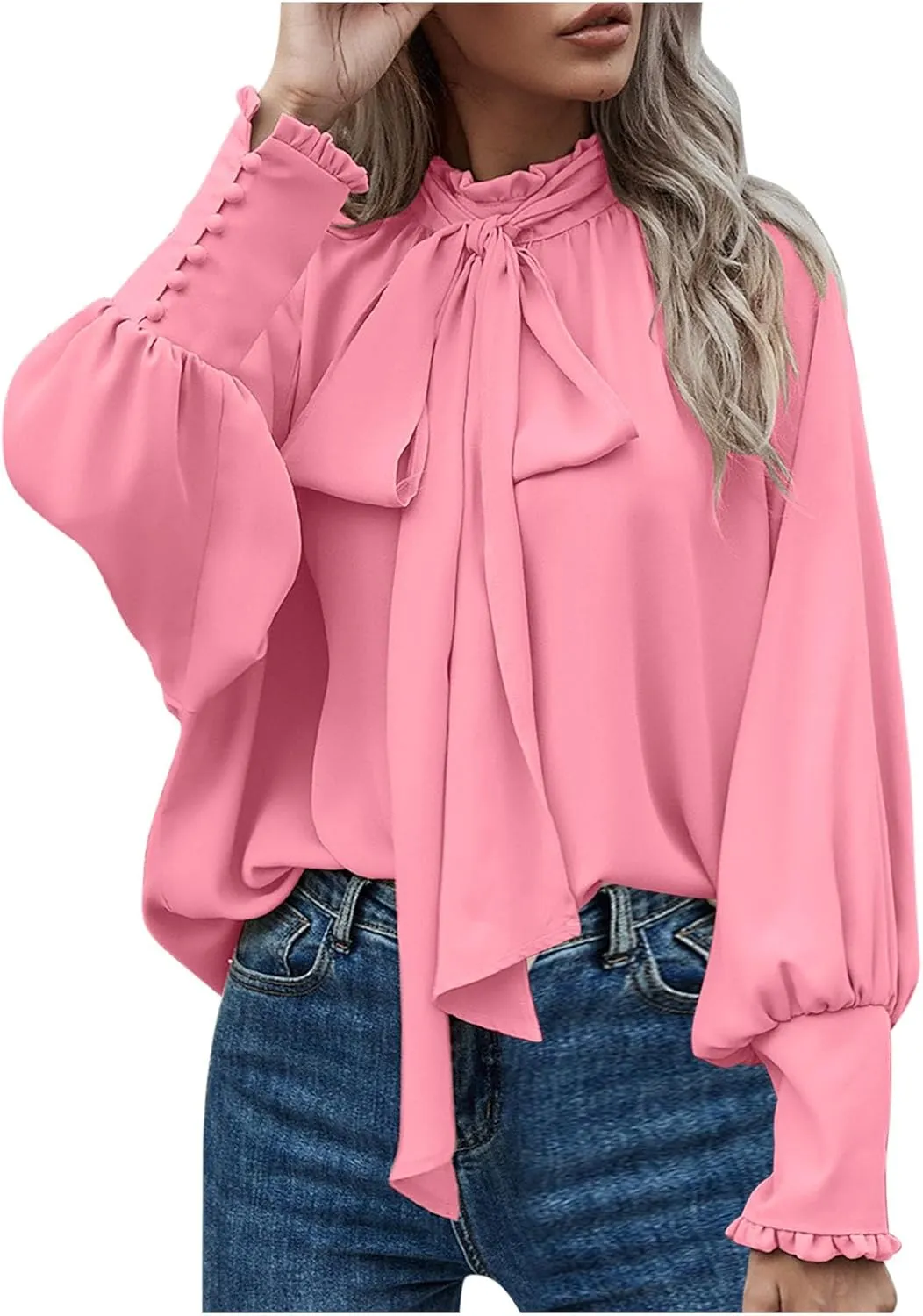 Women's Bow Tie Neck Shirts Casual Long Lantern Sleeve Tops Mock Neck Solid Color Blouses Dressy Elegant Work