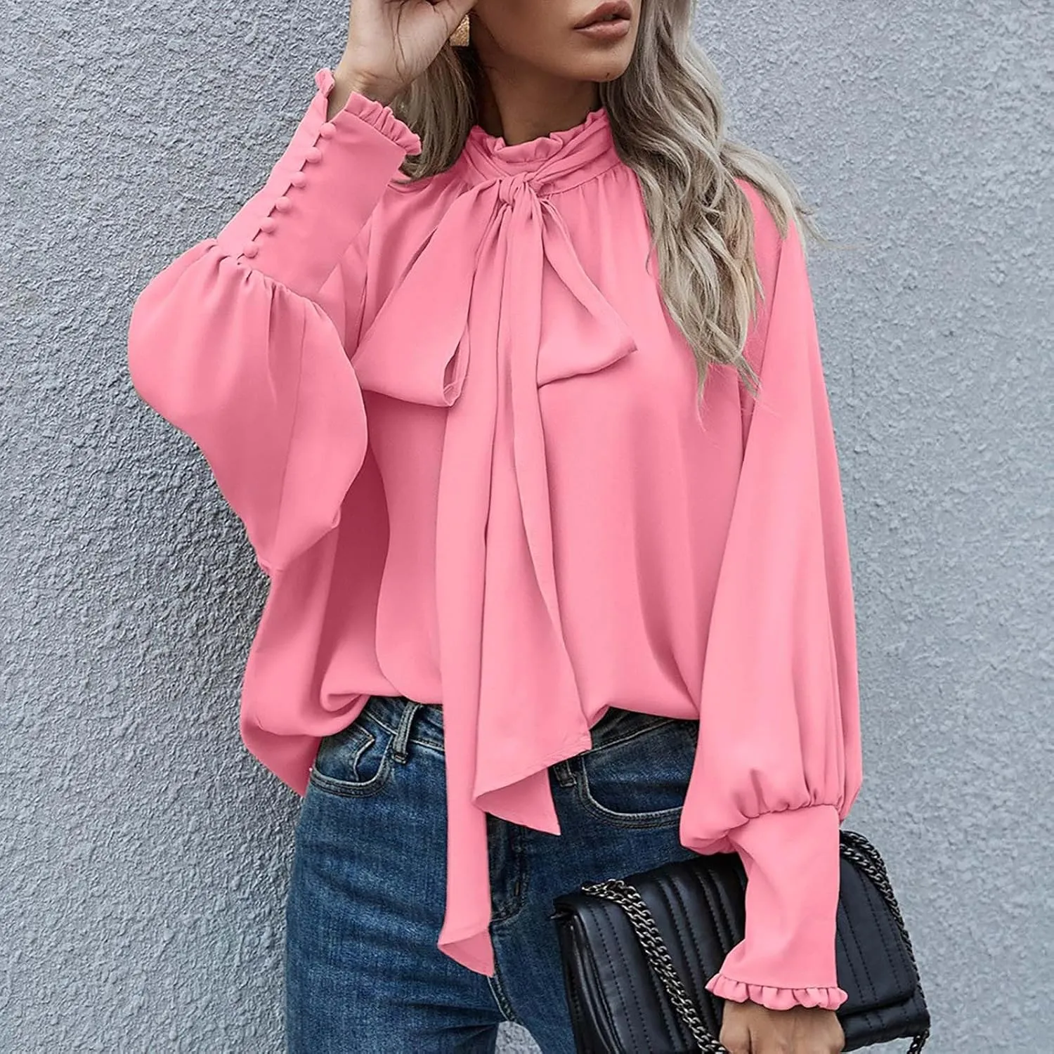 Women's Bow Tie Neck Shirts Casual Long Lantern Sleeve Tops Mock Neck Solid Color Blouses Dressy Elegant Work