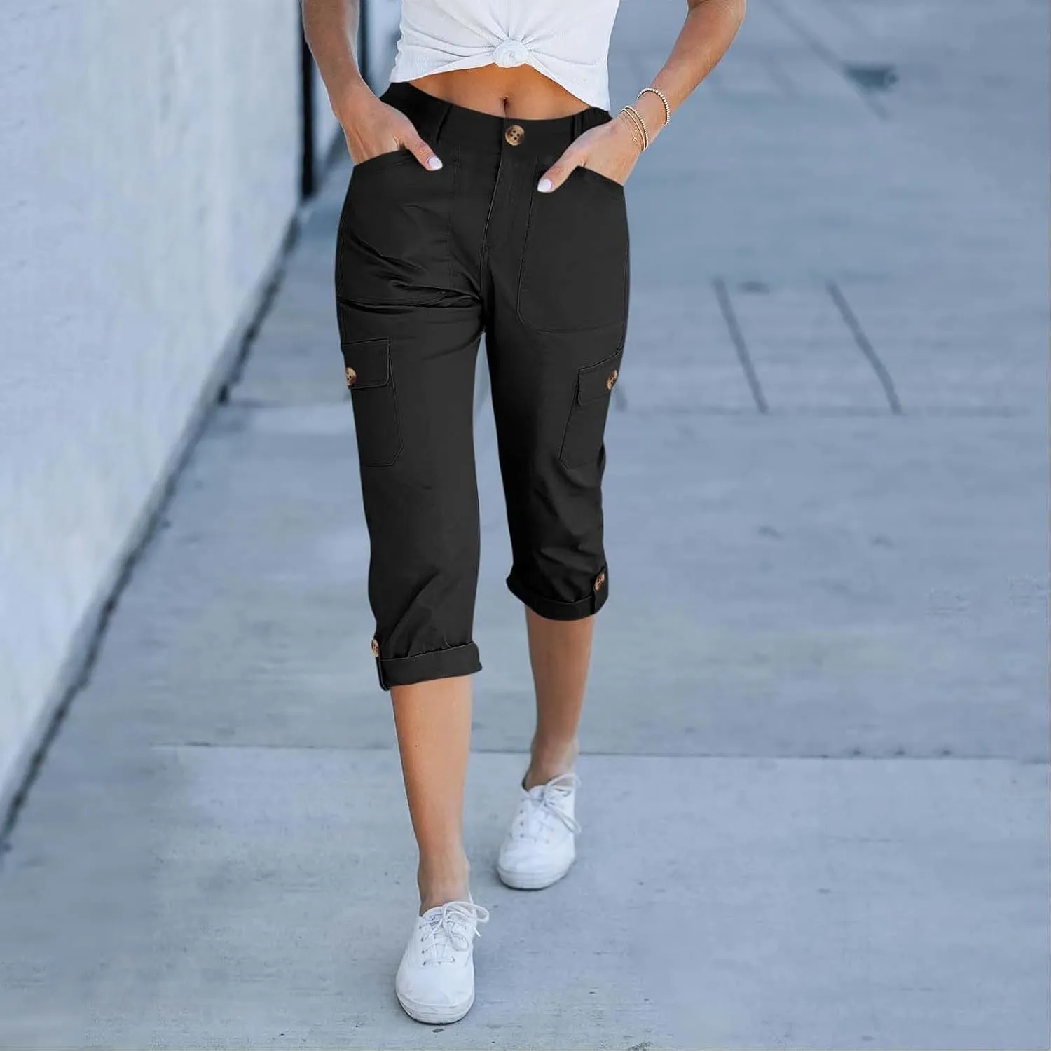 Womens Cargo Capri Pants High Waist Casual Cuffed Hem Capris Pants Summer Cropped Pant, Zipper Fly with Button Closure