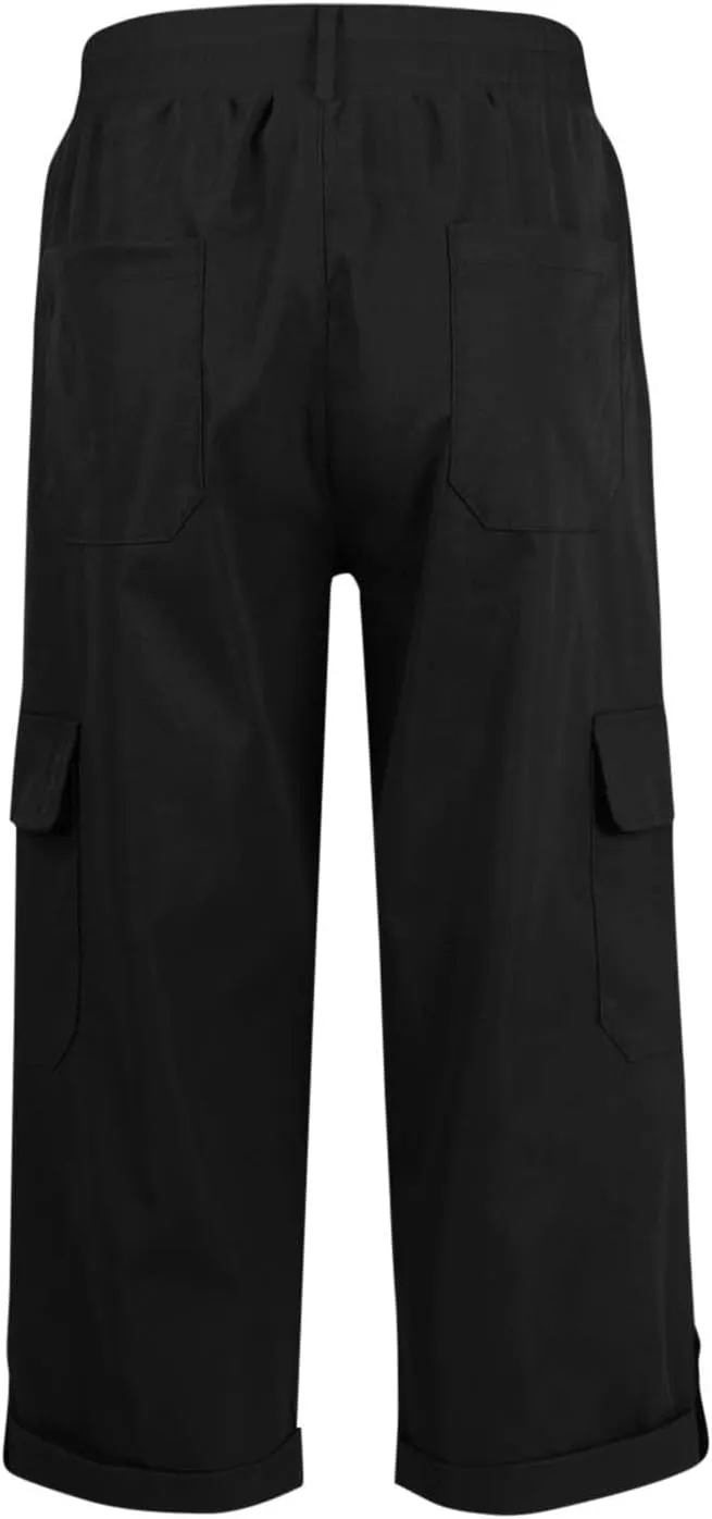 Womens Cargo Capri Pants High Waist Casual Cuffed Hem Capris Pants Summer Cropped Pant, Zipper Fly with Button Closure