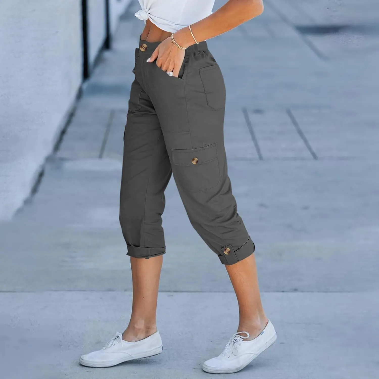 Womens Cargo Capri Pants High Waist Casual Cuffed Hem Capris Pants Summer Cropped Pant, Zipper Fly with Button Closure