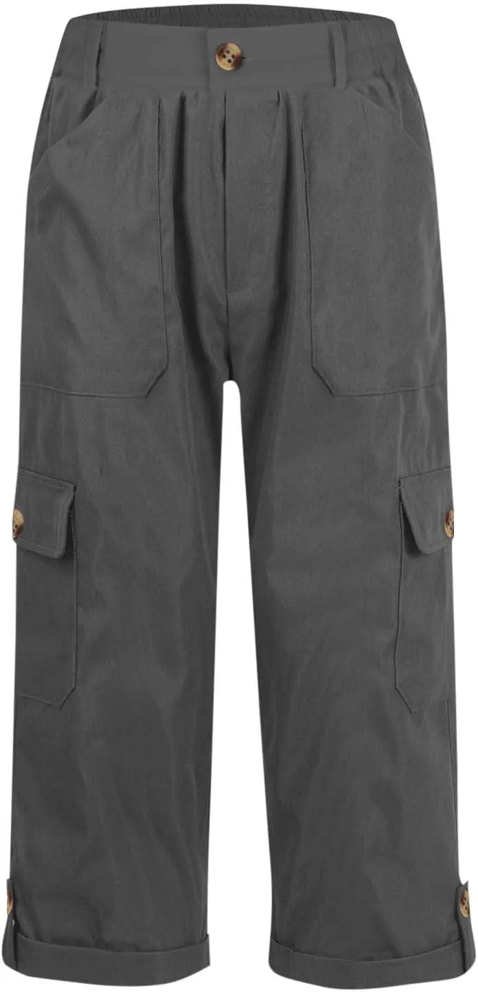 Womens Cargo Capri Pants High Waist Casual Cuffed Hem Capris Pants Summer Cropped Pant, Zipper Fly with Button Closure