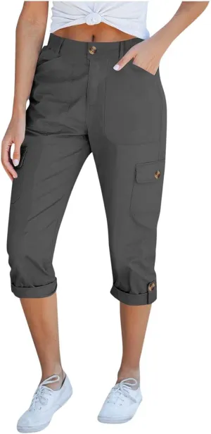 Womens Cargo Capri Pants High Waist Casual Cuffed Hem Capris Pants Summer Cropped Pant, Zipper Fly with Button Closure