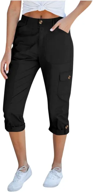 Womens Cargo Capri Pants High Waist Casual Cuffed Hem Capris Pants Summer Cropped Pant, Zipper Fly with Button Closure