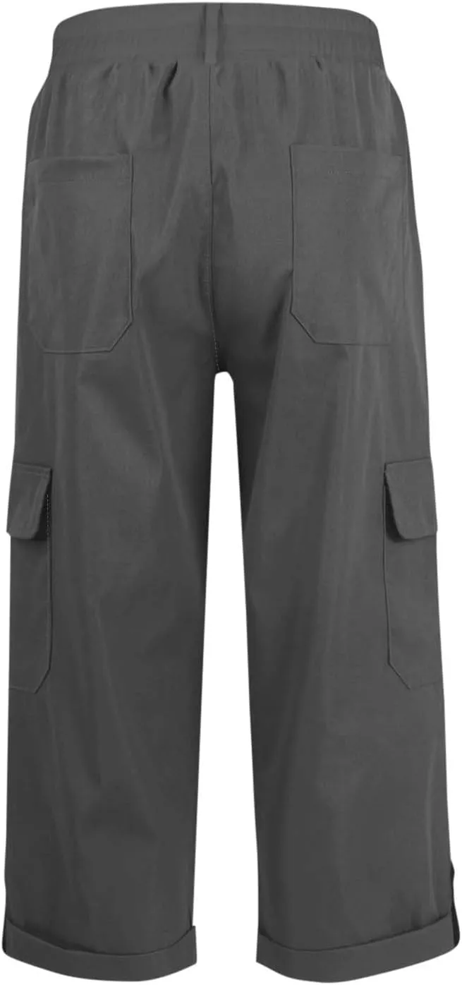 Womens Cargo Capri Pants High Waist Casual Cuffed Hem Capris Pants Summer Cropped Pant, Zipper Fly with Button Closure