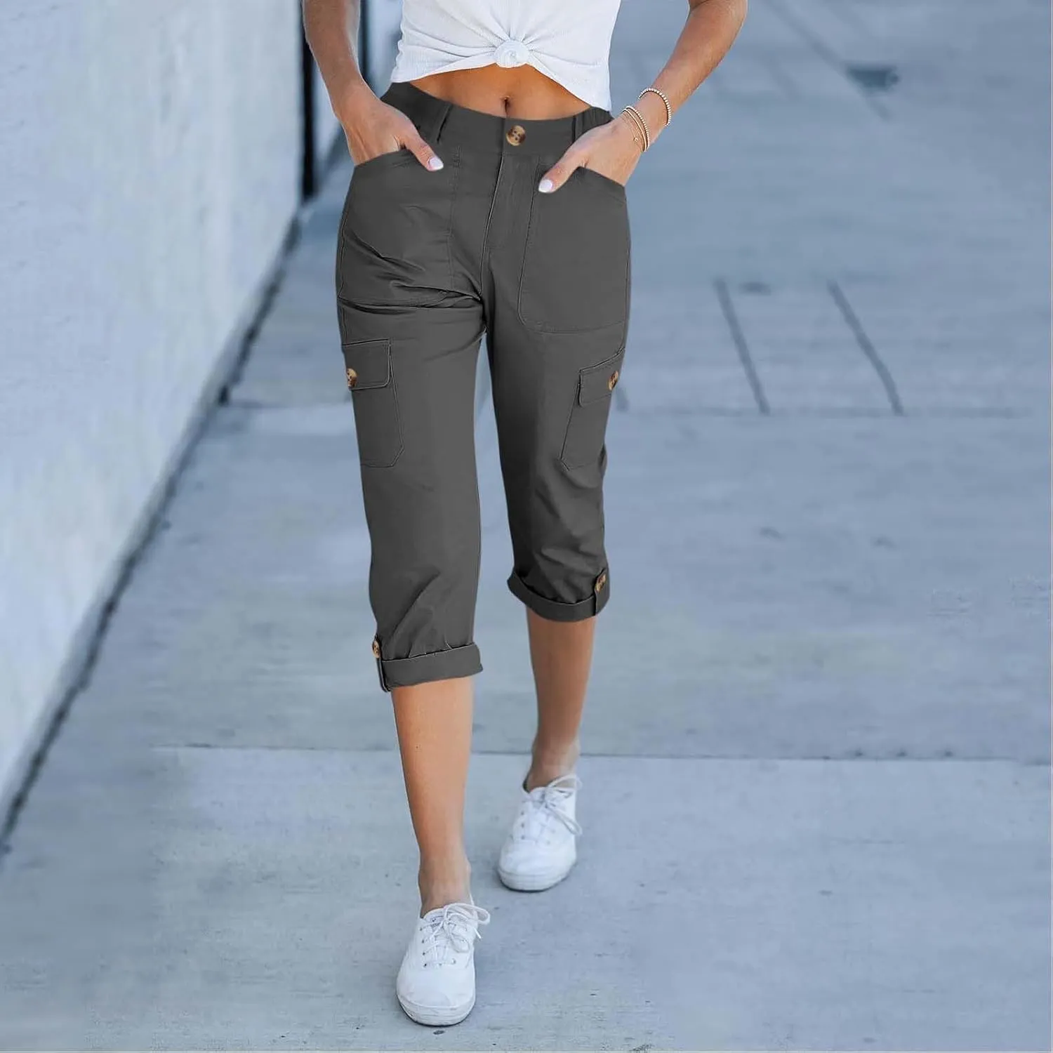 Womens Cargo Capri Pants High Waist Casual Cuffed Hem Capris Pants Summer Cropped Pant, Zipper Fly with Button Closure
