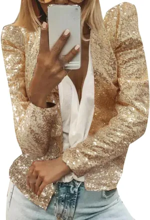 Womens Casual Open Front Sequin Jackets Cardigan Glitter Long Sleeve Shawl Collar Short Sport Coats Cropped Blazer Jackets