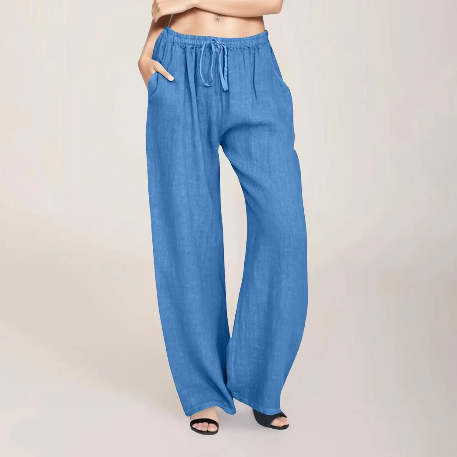 Women's Cotton Linen Palazzo Pants Summer Flowy Casual Wide Leg Drawstring Pants High Waist Loose Comfy Beach 2025 Trousers