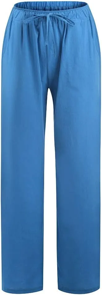 Women's Cotton Linen Palazzo Pants Summer Flowy Casual Wide Leg Drawstring Pants High Waist Loose Comfy Beach 2025 Trousers