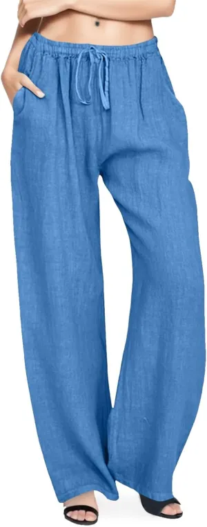 Women's Cotton Linen Palazzo Pants Summer Flowy Casual Wide Leg Drawstring Pants High Waist Loose Comfy Beach 2025 Trousers