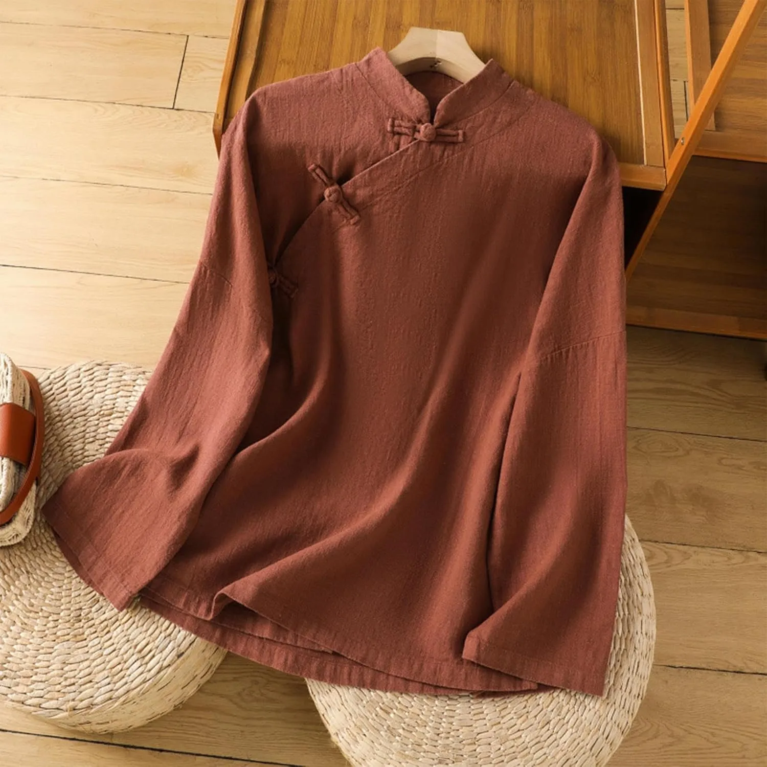 Women's Cotton Linen Tops Retro Chinese Frog Button Traditional Mandarin Collar Shirts Solid Color Long Sleeve Blouse