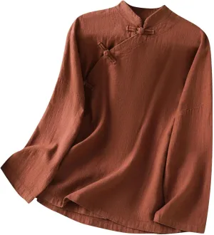 Women's Cotton Linen Tops Retro Chinese Frog Button Traditional Mandarin Collar Shirts Solid Color Long Sleeve Blouse