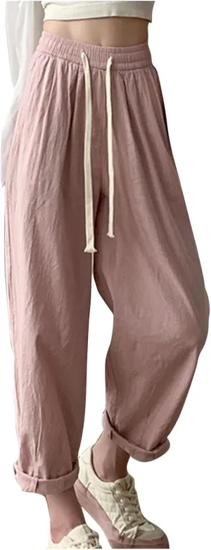 Women's Drawstring Waist Pants Soft Cotton Linen Trousers with Rolled Cuffs and Pockets Casual Loose Fit for Summer