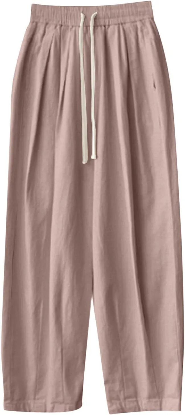 Women's Drawstring Waist Pants Soft Cotton Linen Trousers with Rolled Cuffs and Pockets Casual Loose Fit for Summer