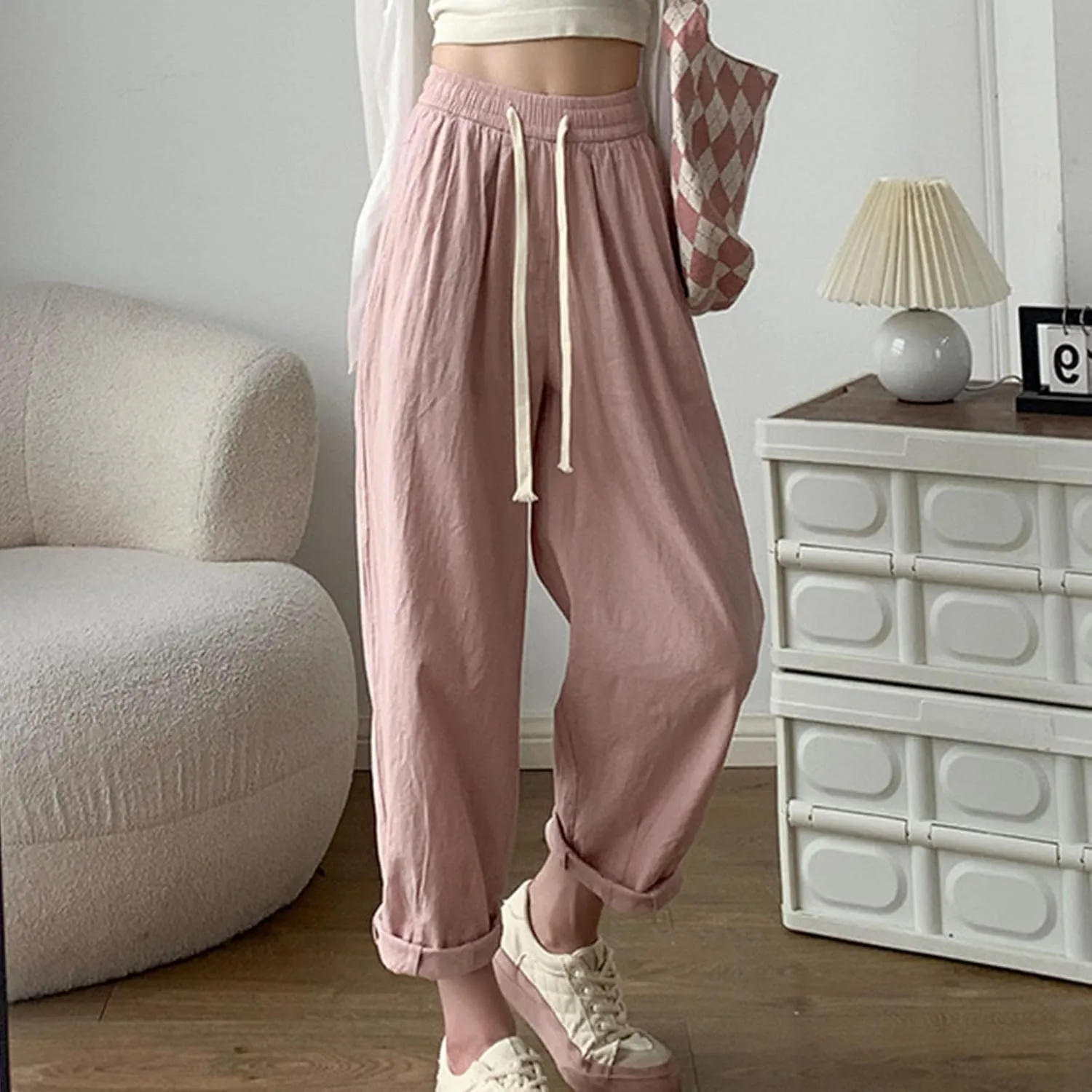 Women's Drawstring Waist Pants Soft Cotton Linen Trousers with Rolled Cuffs and Pockets Casual Loose Fit for Summer