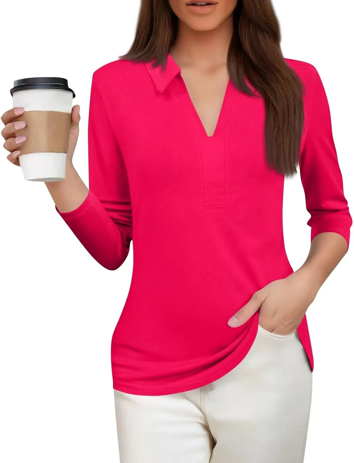 Women's Fashion Shirt Collared 3/4 Length Sleeve Solid Color Blouse Summer 2025 V Neck Polo Business Work Tops