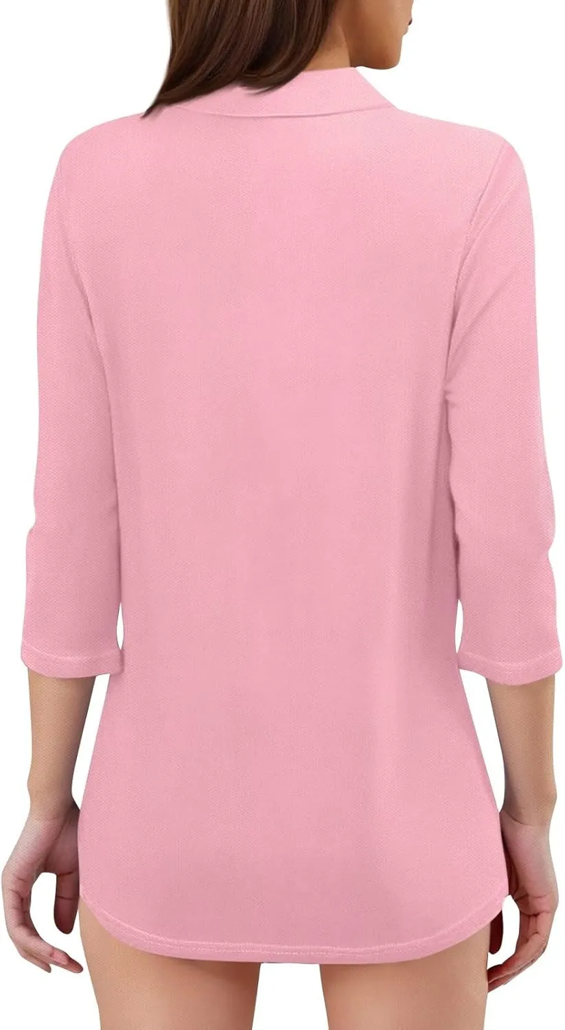 Women's Fashion Shirt Collared 3/4 Length Sleeve Solid Color Blouse Summer 2025 V Neck Polo Business Work Tops