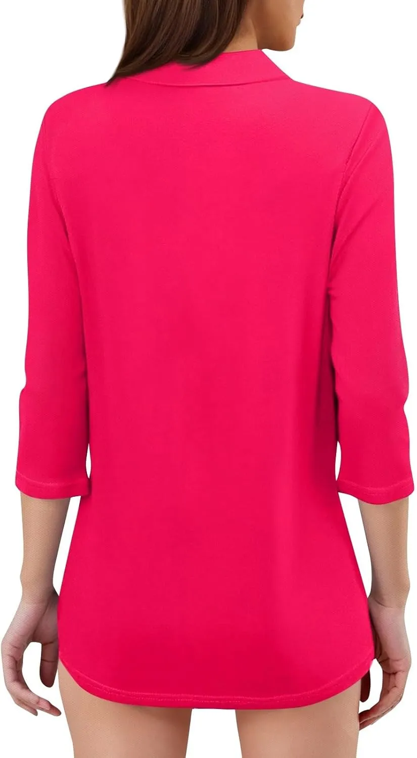 Women's Fashion Shirt Collared 3/4 Length Sleeve Solid Color Blouse Summer 2025 V Neck Polo Business Work Tops