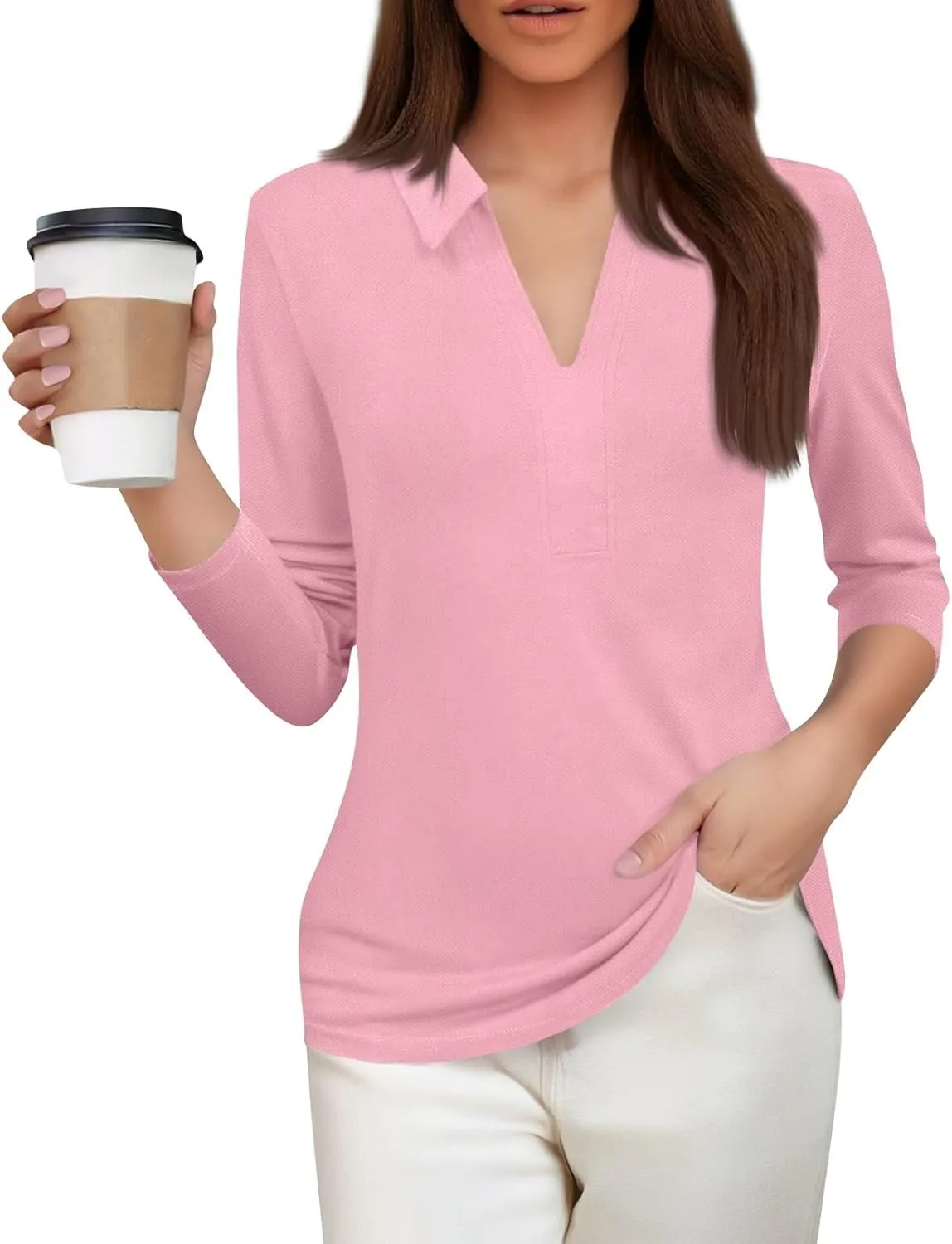Women's Fashion Shirt Collared 3/4 Length Sleeve Solid Color Blouse Summer 2025 V Neck Polo Business Work Tops