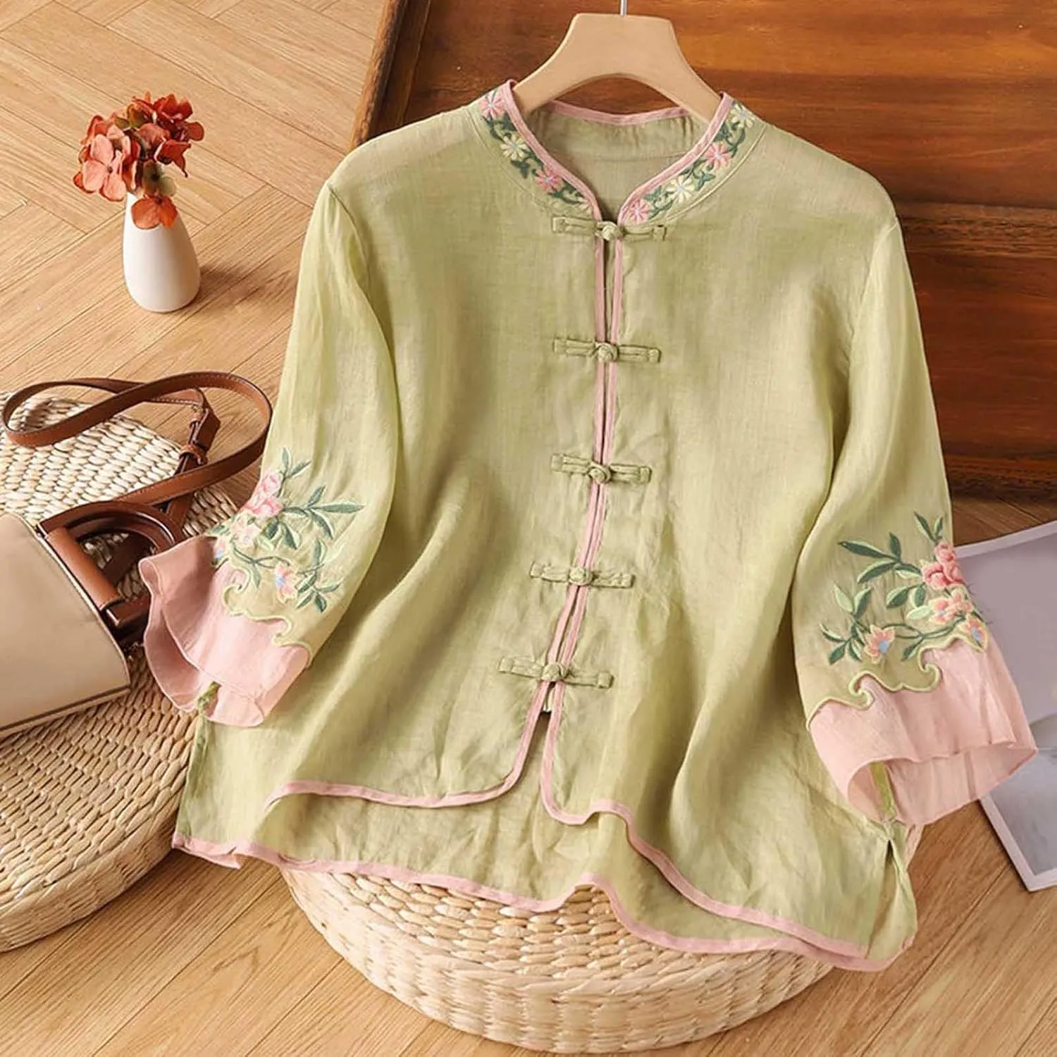 Women's Mandarin Neck Cotton Linen Blouses Retro Chinese Frog Button 3/4 Sleeve Tops Casual Floral Embroidered Shirts