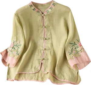 Women's Mandarin Neck Cotton Linen Blouses Retro Chinese Frog Button 3/4 Sleeve Tops Casual Floral Embroidered Shirts