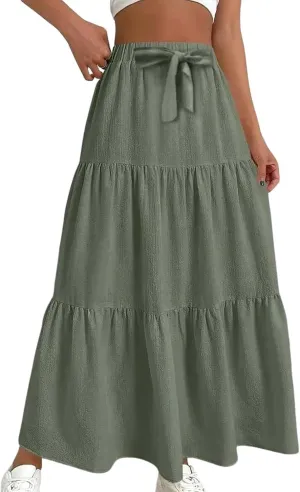 Womens Maxi Skirts Elastic Boho High Waisted Pleated Long Skirts Summer Casual Flowy A Line Tiered Beach Skirt