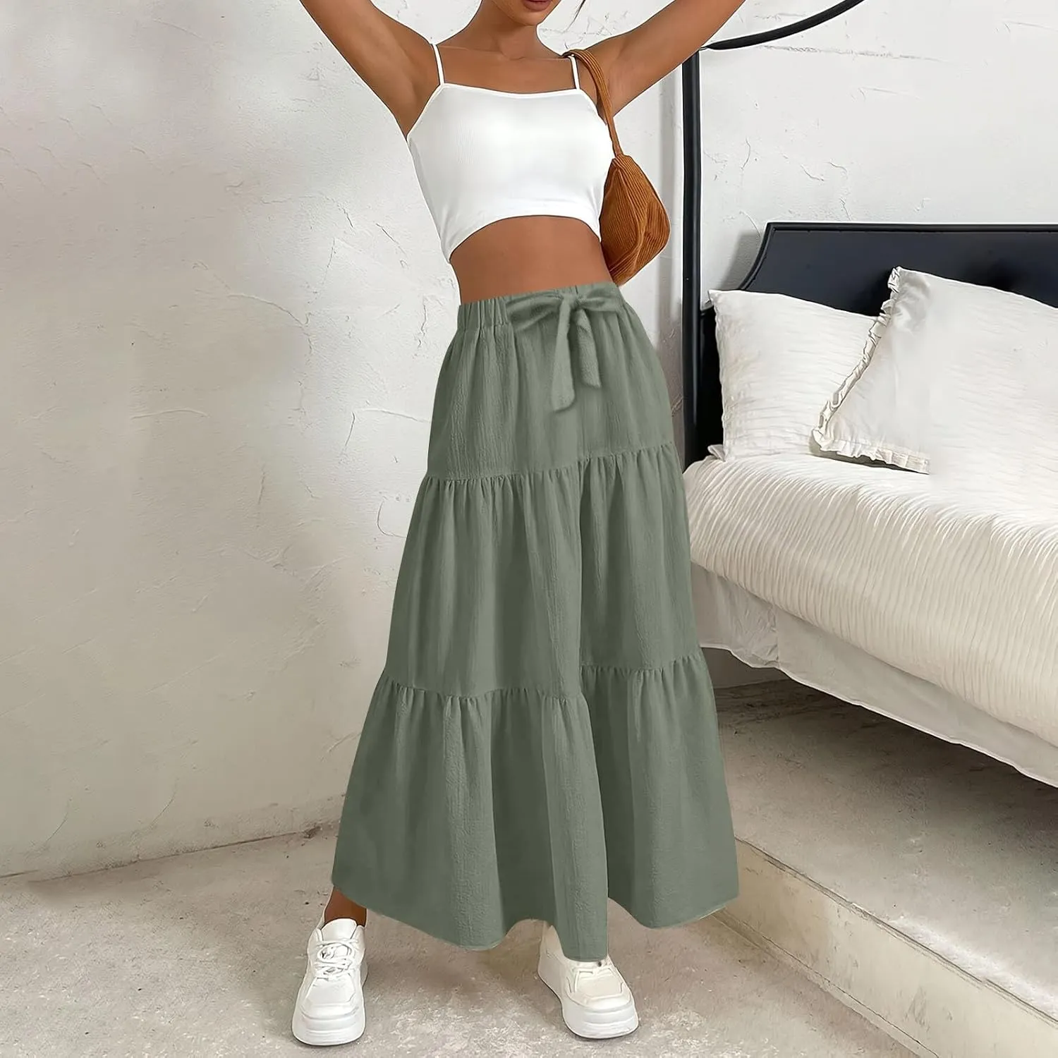 Womens Maxi Skirts Elastic Boho High Waisted Pleated Long Skirts Summer Casual Flowy A Line Tiered Beach Skirt