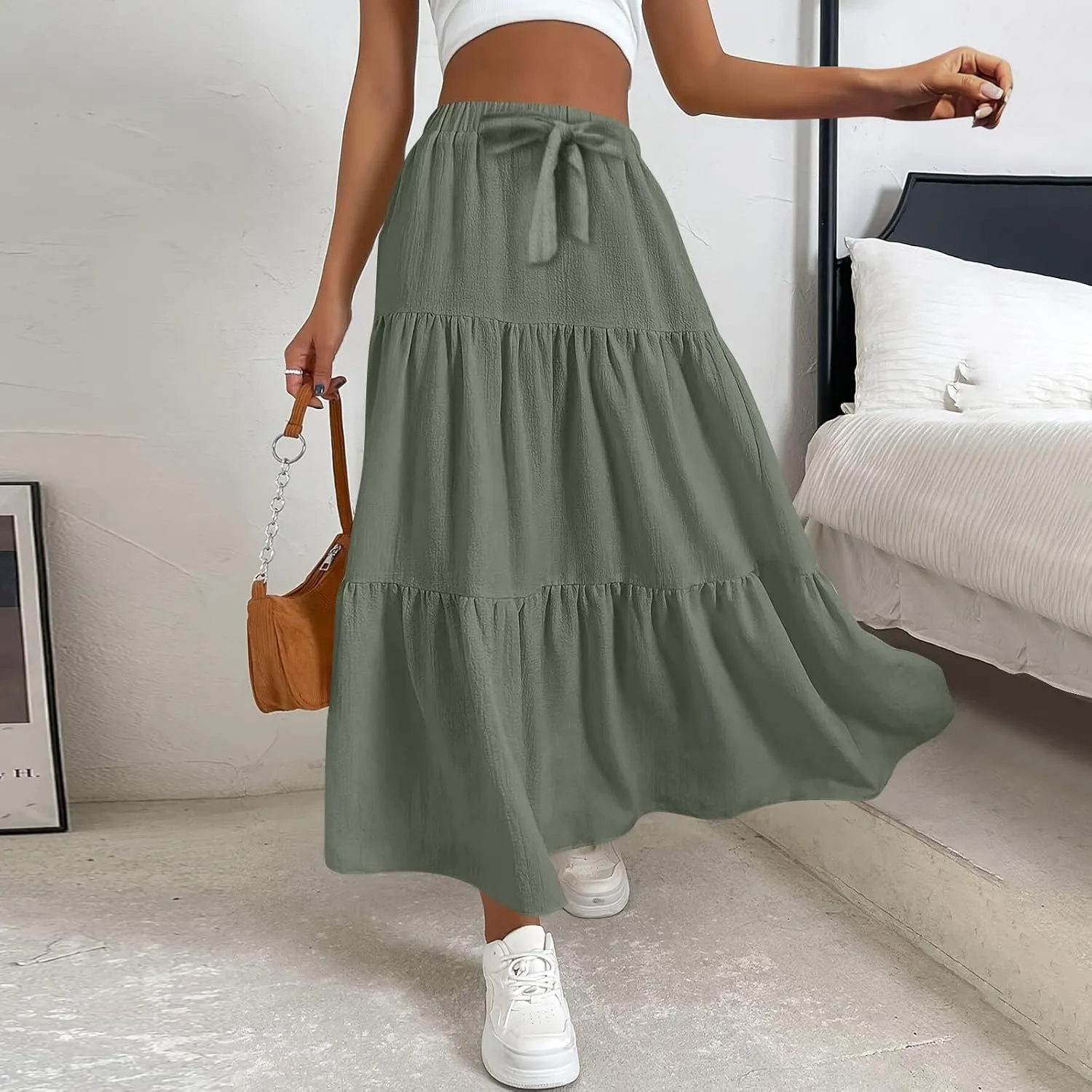 Womens Maxi Skirts Elastic Boho High Waisted Pleated Long Skirts Summer Casual Flowy A Line Tiered Beach Skirt