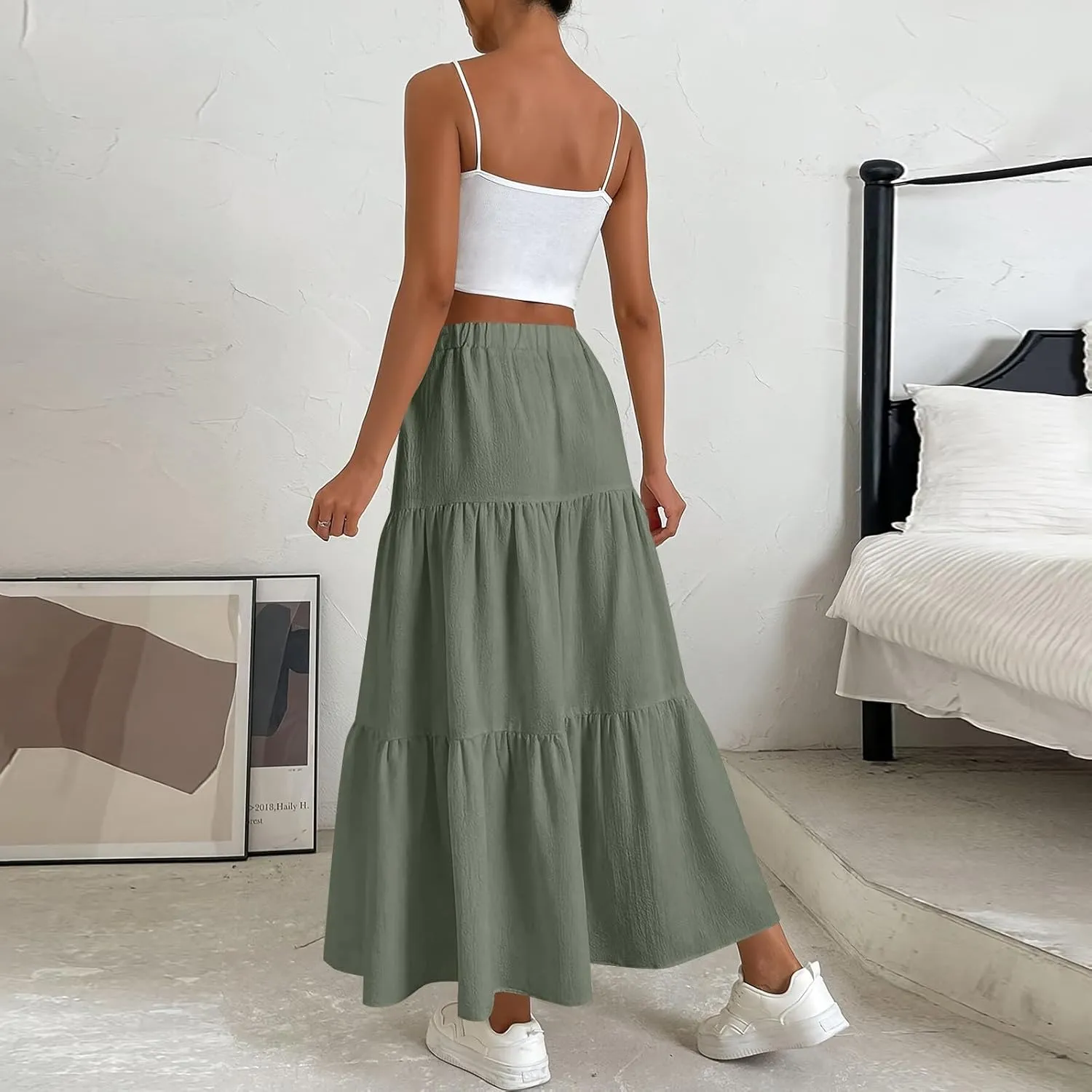 Womens Maxi Skirts Elastic Boho High Waisted Pleated Long Skirts Summer Casual Flowy A Line Tiered Beach Skirt