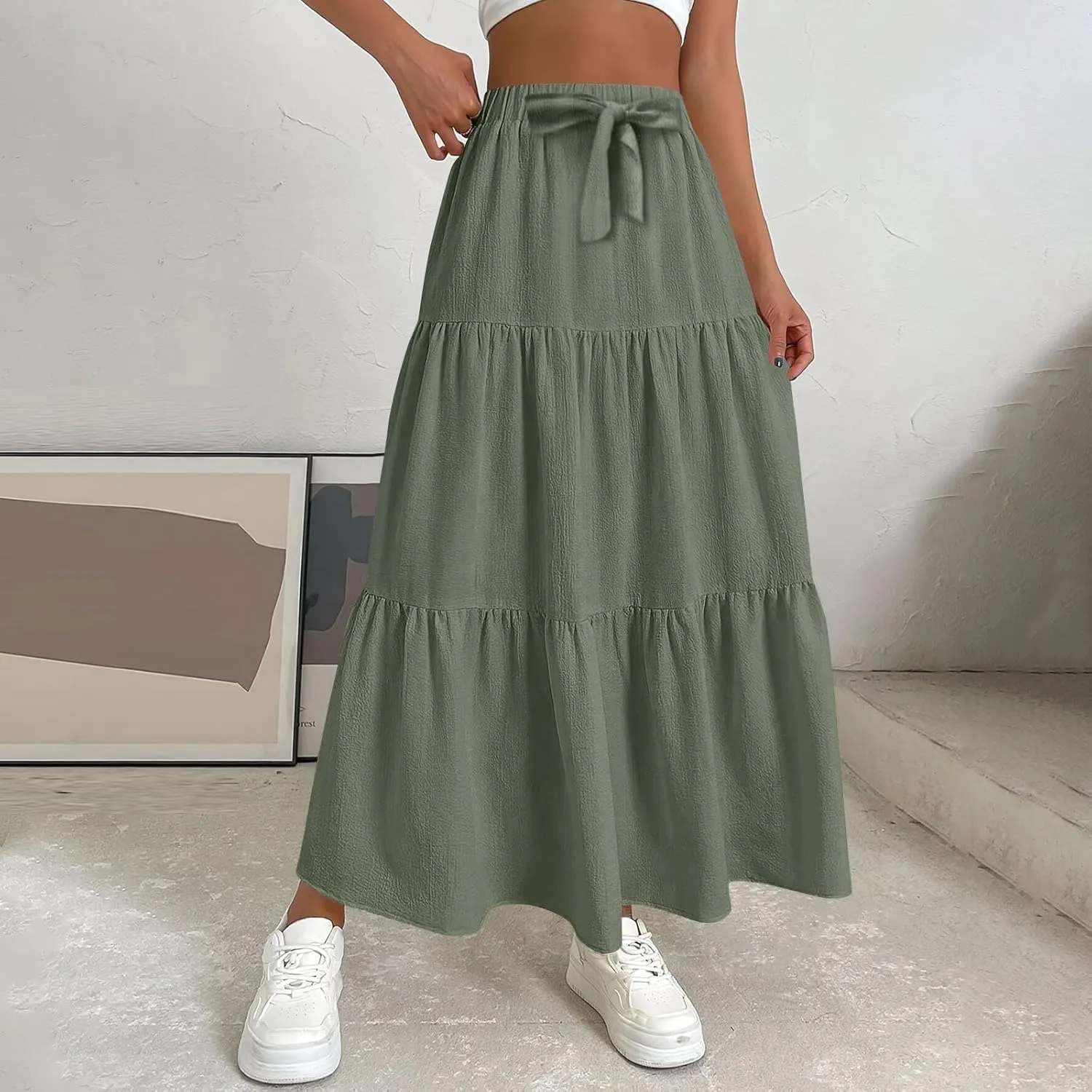 Womens Maxi Skirts Elastic Boho High Waisted Pleated Long Skirts Summer Casual Flowy A Line Tiered Beach Skirt