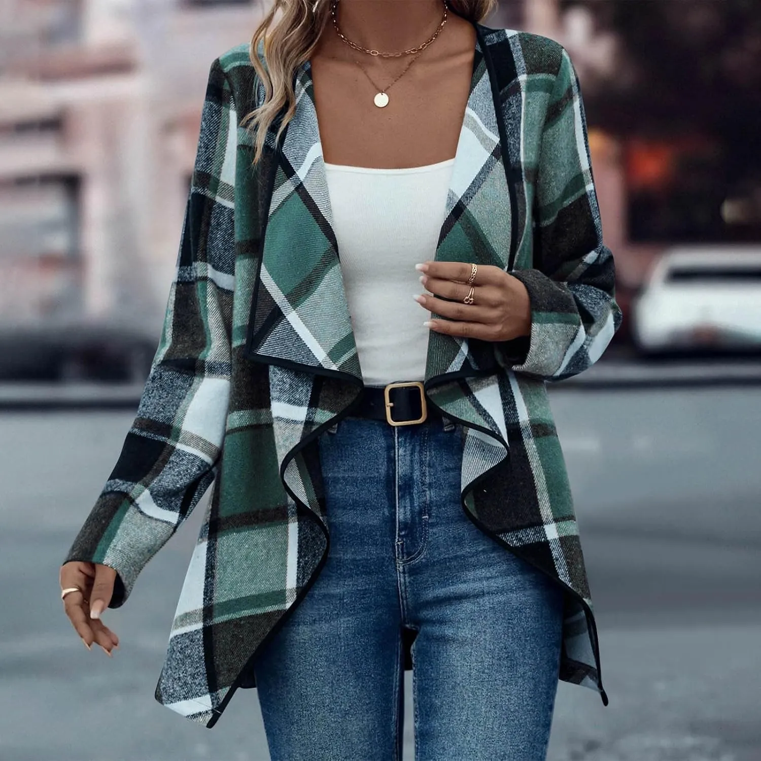 Womens Plaid Shawl Collar Cardigan Sweaters Long Open Front Flannel Jacket Buffalo Plaid Shacket Fashion Fall Outfits