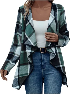 Womens Plaid Shawl Collar Cardigan Sweaters Long Open Front Flannel Jacket Buffalo Plaid Shacket Fashion Fall Outfits