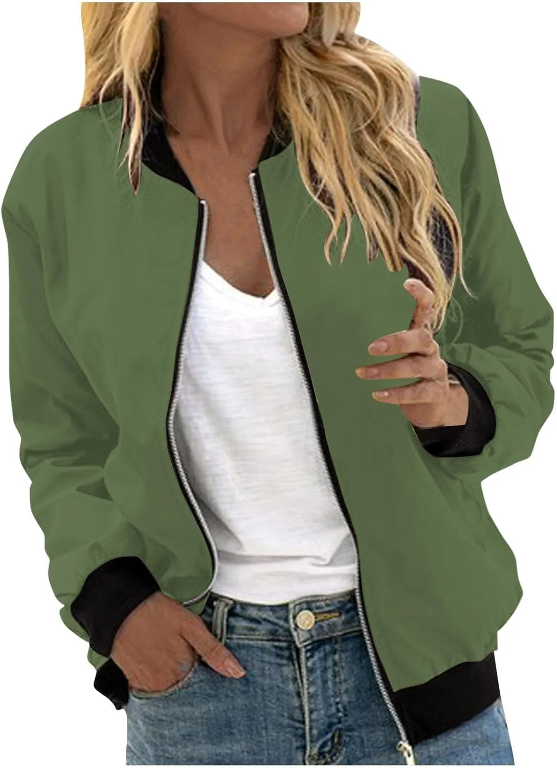 Womens Plus Size Long Sleeve Lightweight Zip Up Oversized Outerwear Windbreaker Casual Striped Bomber Jackets Coat