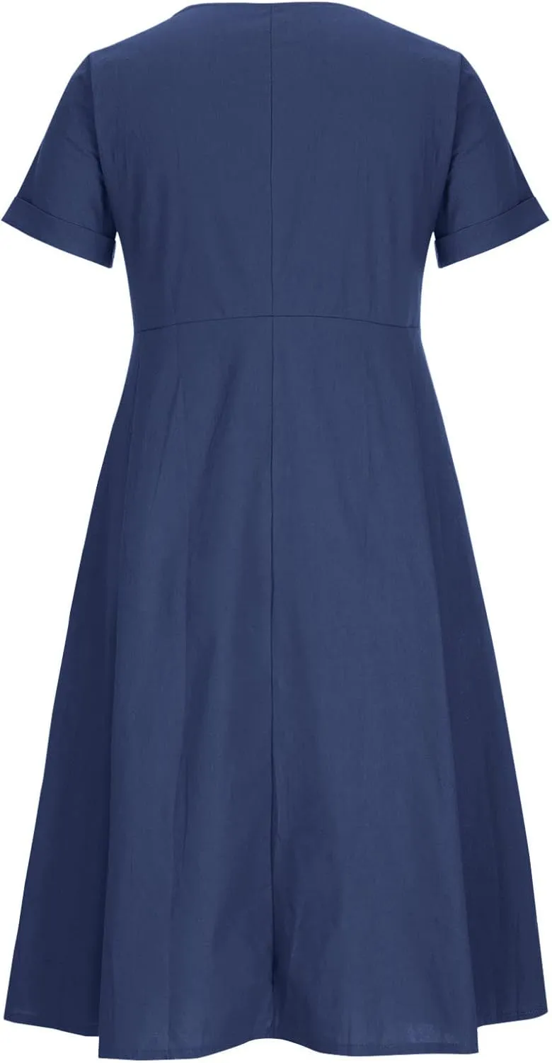 Women's Summer Casual V-Neck Button Down Shirt Dress Solid Short Sleeve Cotton Linen Dress Plus Size Maxi Dress