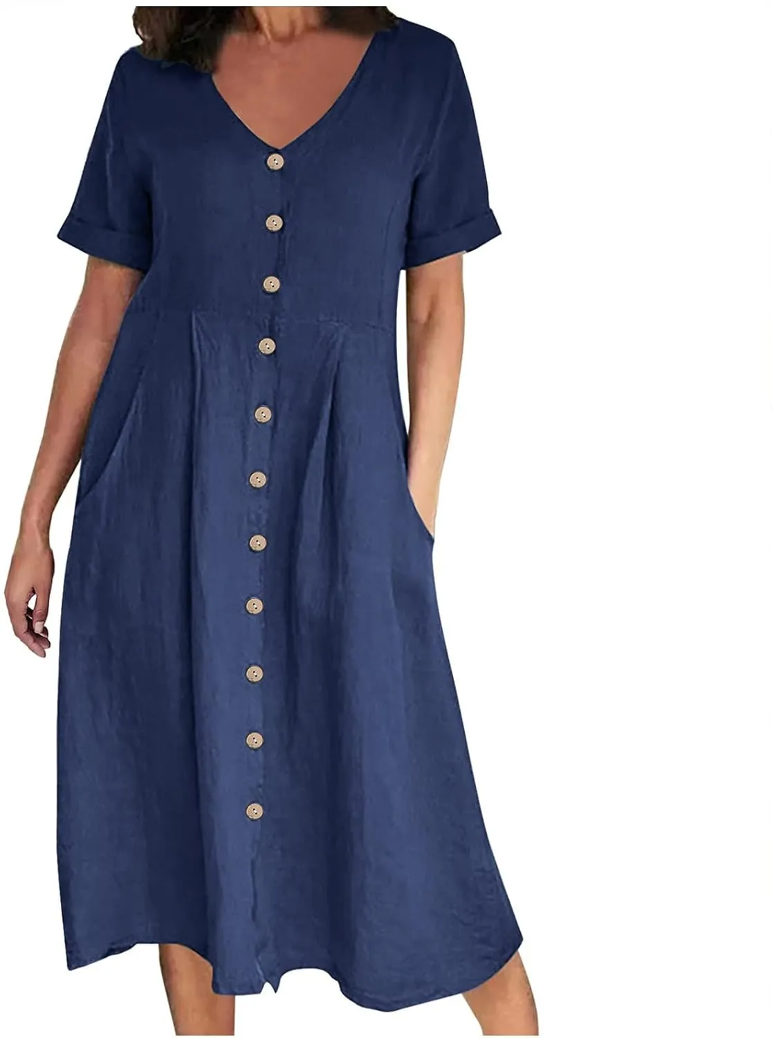 Women's Summer Casual V-Neck Button Down Shirt Dress Solid Short Sleeve Cotton Linen Dress Plus Size Maxi Dress