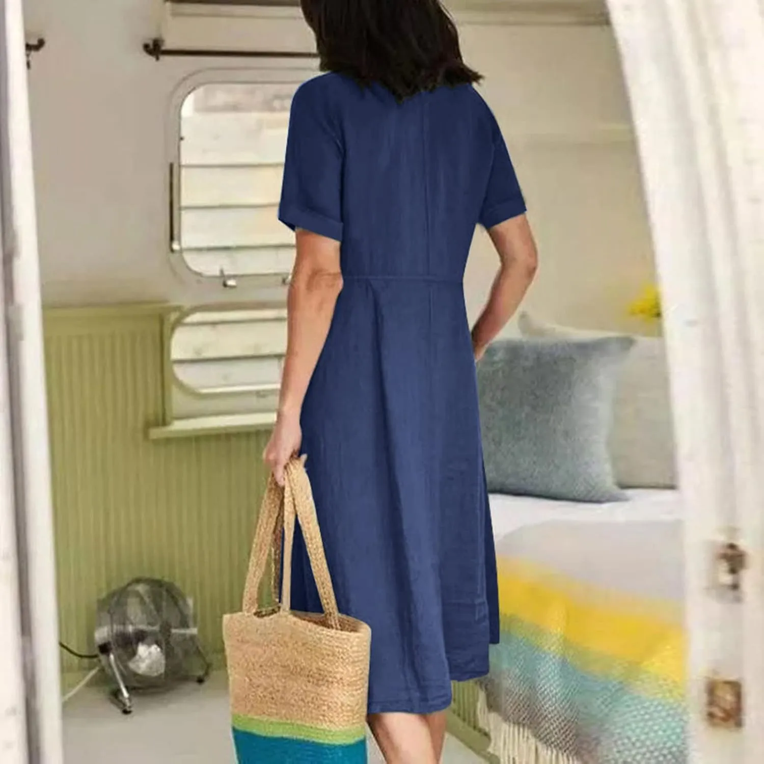 Women's Summer Casual V-Neck Button Down Shirt Dress Solid Short Sleeve Cotton Linen Dress Plus Size Maxi Dress