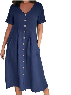 Women's Summer Casual V-Neck Button Down Shirt Dress Solid Short Sleeve Cotton Linen Dress Plus Size Maxi Dress