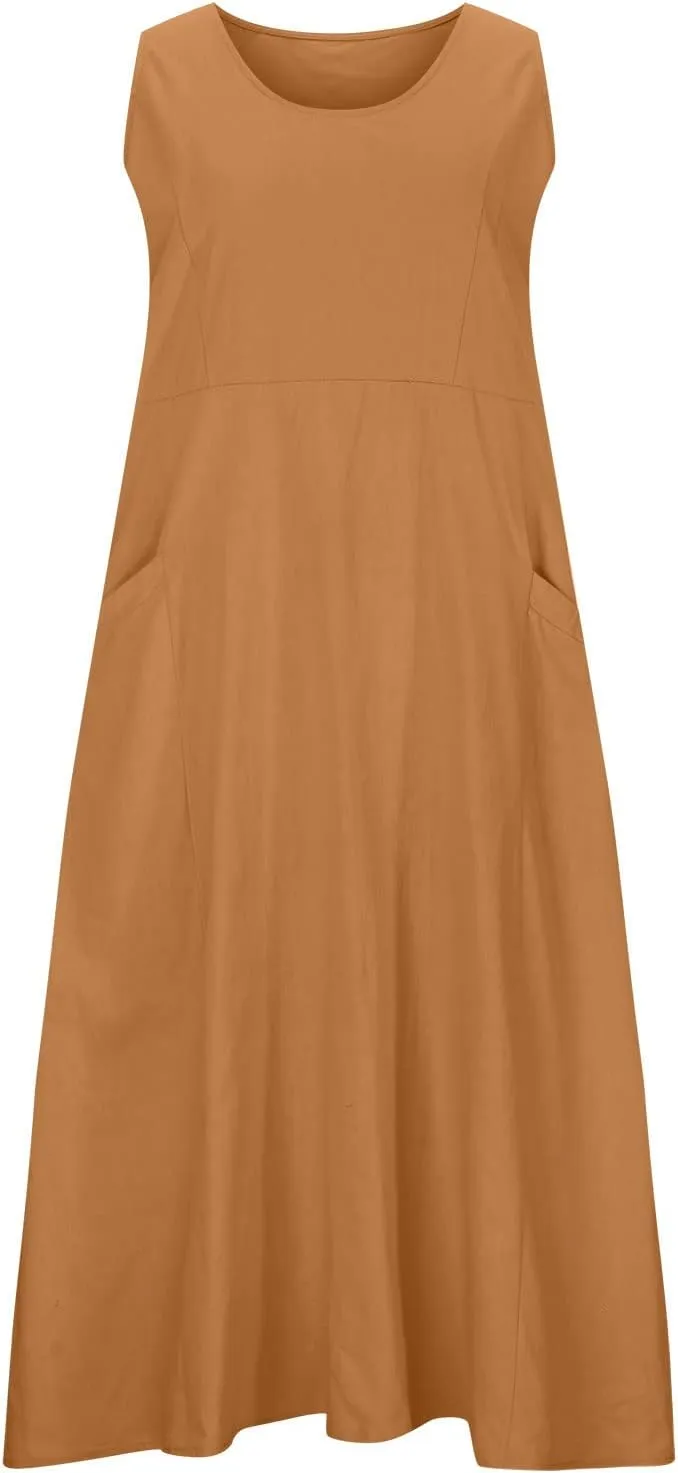 Women's Summer Cotton Linen Long Dress Sleeveless Elegant Flowy Dresses Plus Size Loose Comfy Dress with Pockets