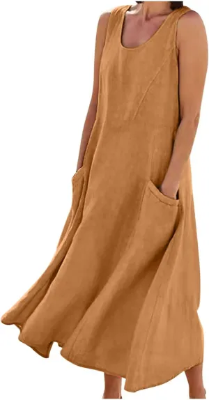 Women's Summer Cotton Linen Long Dress Sleeveless Elegant Flowy Dresses Plus Size Loose Comfy Dress with Pockets